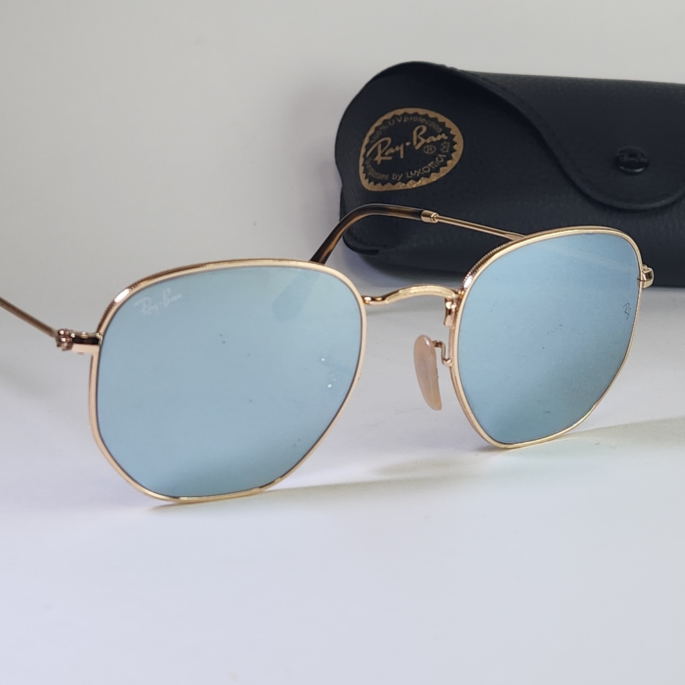 Ray-Ban Hexagonal Sunglasses Gold Frame with Blue Lenses RB3548 51□21
